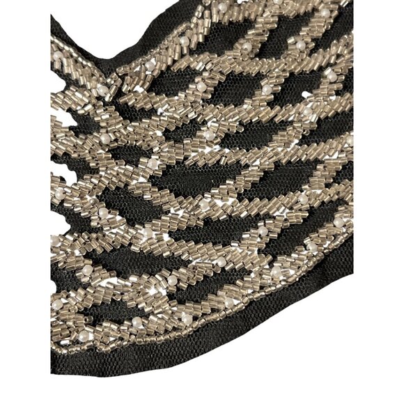 Vintage Beaded Mesh Collar Necklace Bib Sequins Black Satin Ties Estate NWOT - Picture 2 of 5